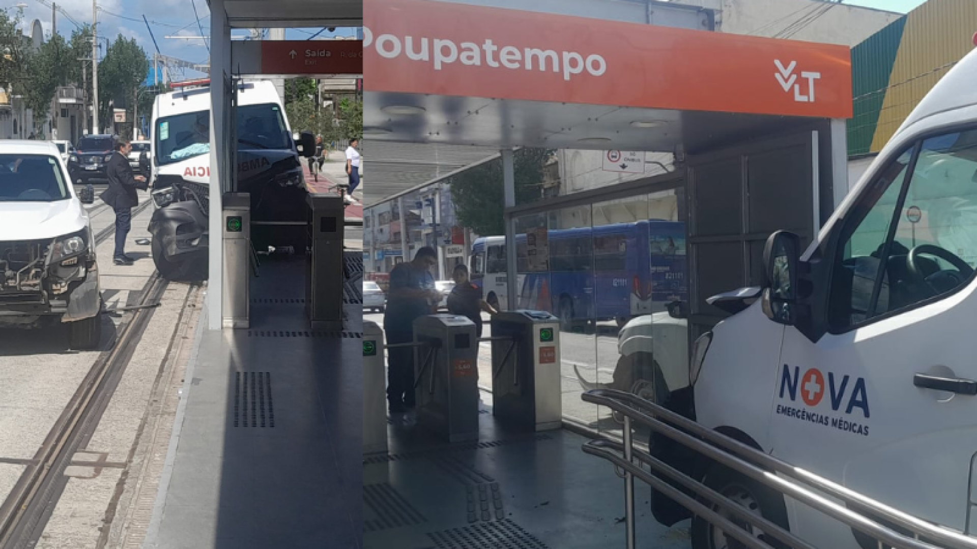 Uma ambulância colidiu com uma caminhonete e acabou atingindo a parada do Poupatempo do Veículo Leve sobre Trilhos (VLT), na Rua...