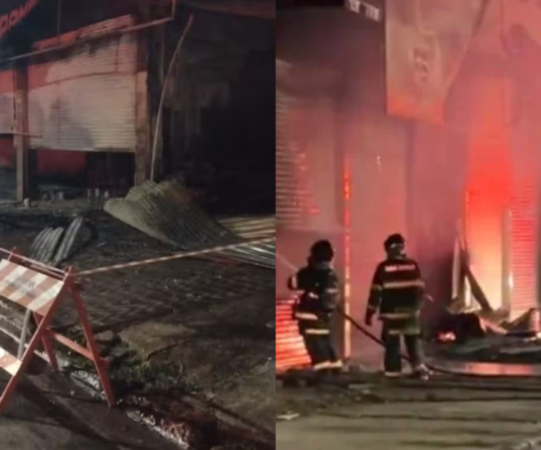 Um incêndio de grandes proporções destruiu uma loja de autopeças na Vila Caiçara, em Praia Grande, no litoral de São Paulo.