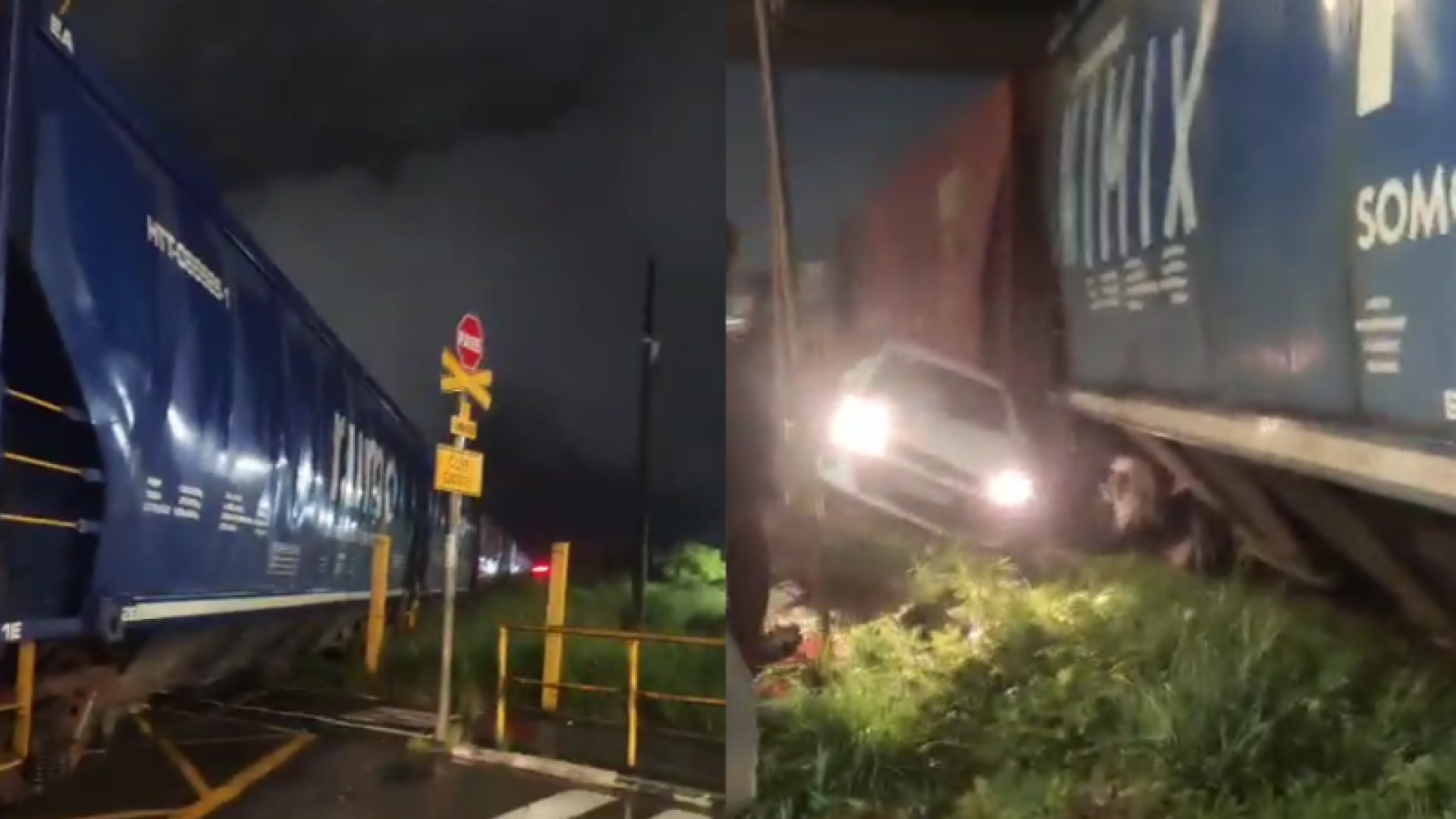 Um carro foi atingido por um trem de cargas na noite deste domingo (23), em Vicente de Carvalho, distrito de Guarujá (SP).