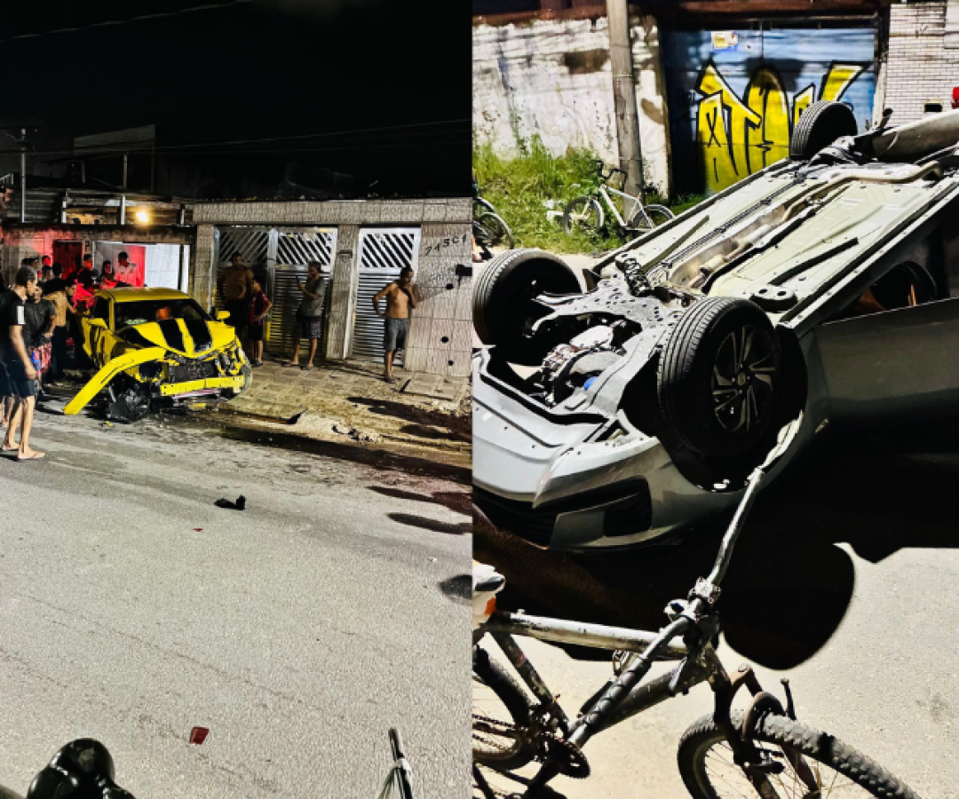 Uma colisão entre dois carros terminou com um veículo capotado e provocou uma discussão entre os motoristas em São Vicente...