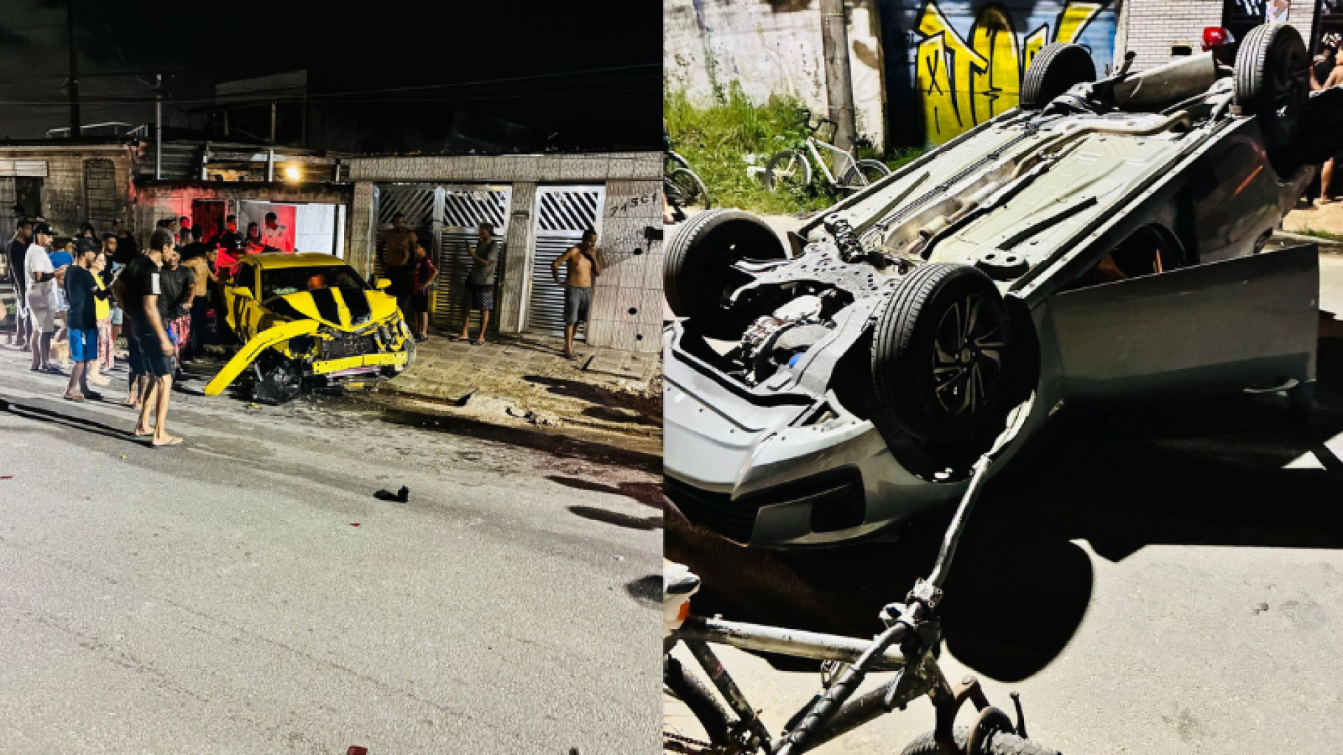 Uma colisão entre dois carros terminou com um veículo capotado e provocou uma discussão entre os motoristas em São Vicente...