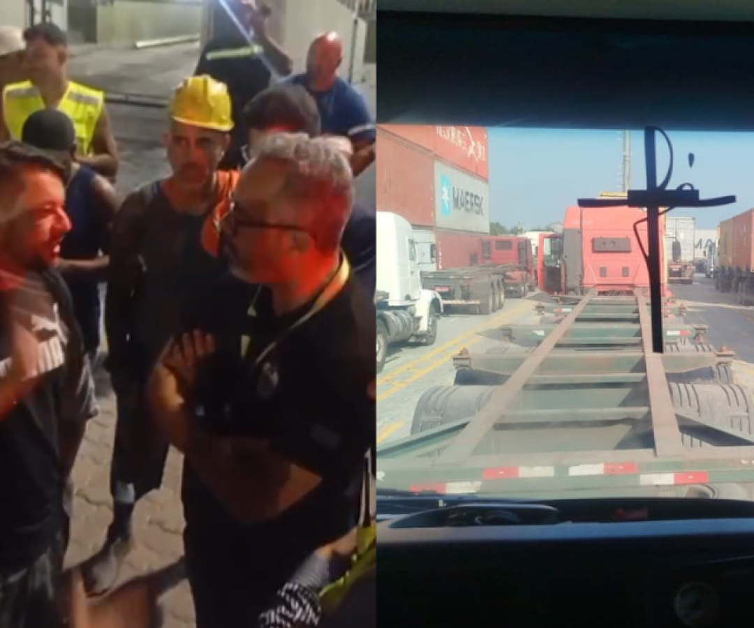 Caminhoneiros que atuam na Brasil Terminal Portuário (BTP), no Porto de Santos, realizam um protesto desde a madrugada desta sexta-feira...