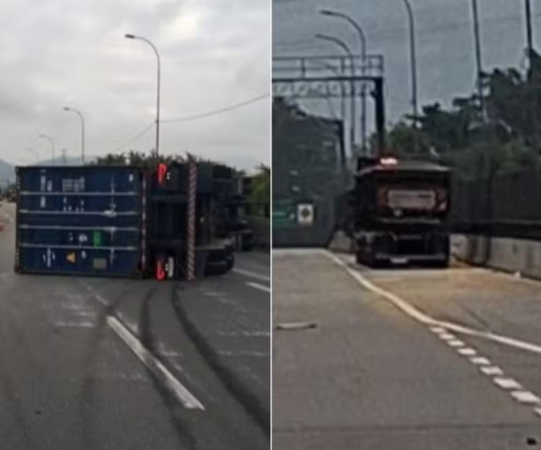 Uma carreta tombou após colidir com outro caminhão na manhã desta segunda-feira (1), na rodovia Cônego Domênico Rangoni, em Cubatão...