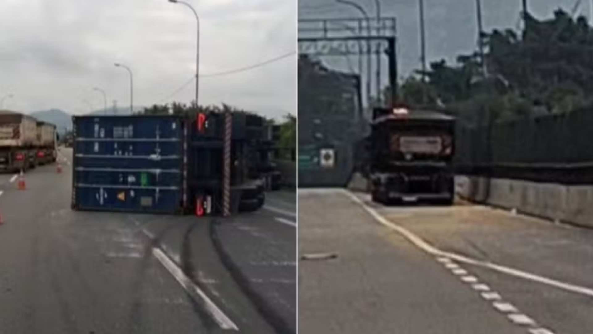 Uma carreta tombou após colidir com outro caminhão na manhã desta segunda-feira (1), na rodovia Cônego Domênico Rangoni, em Cubatão...