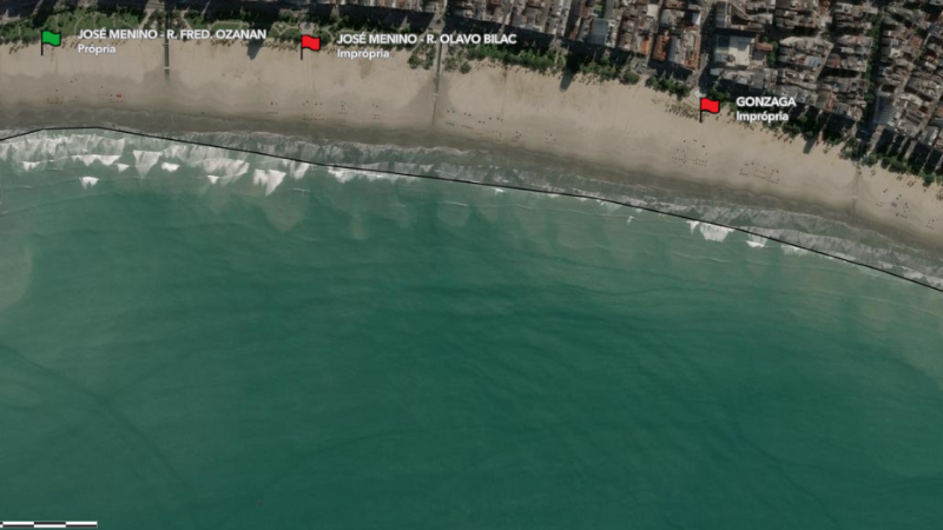 A cidade de Santos, no litoral de São Paulo, conta atualmente com apenas uma faixa de praia considerada própria para banho...