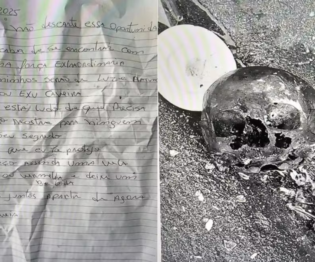 Crânio é encontrado com vela, prato e carta assinada por ‘Sr Caveira’ em rodovia de Cubatão