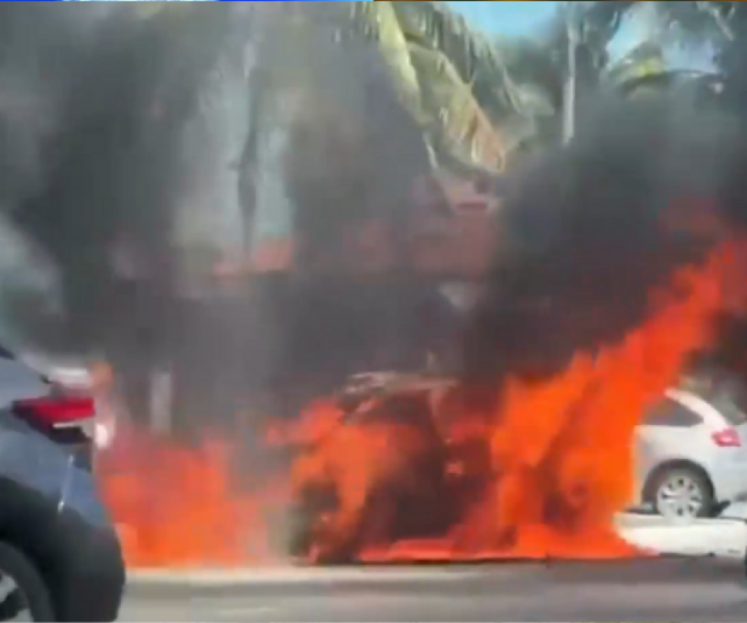 Um carro foi totalmente destruído após pegar fogo na manhã desta quarta-feira (17), na Avenida Presidente Wilson, em Santos...