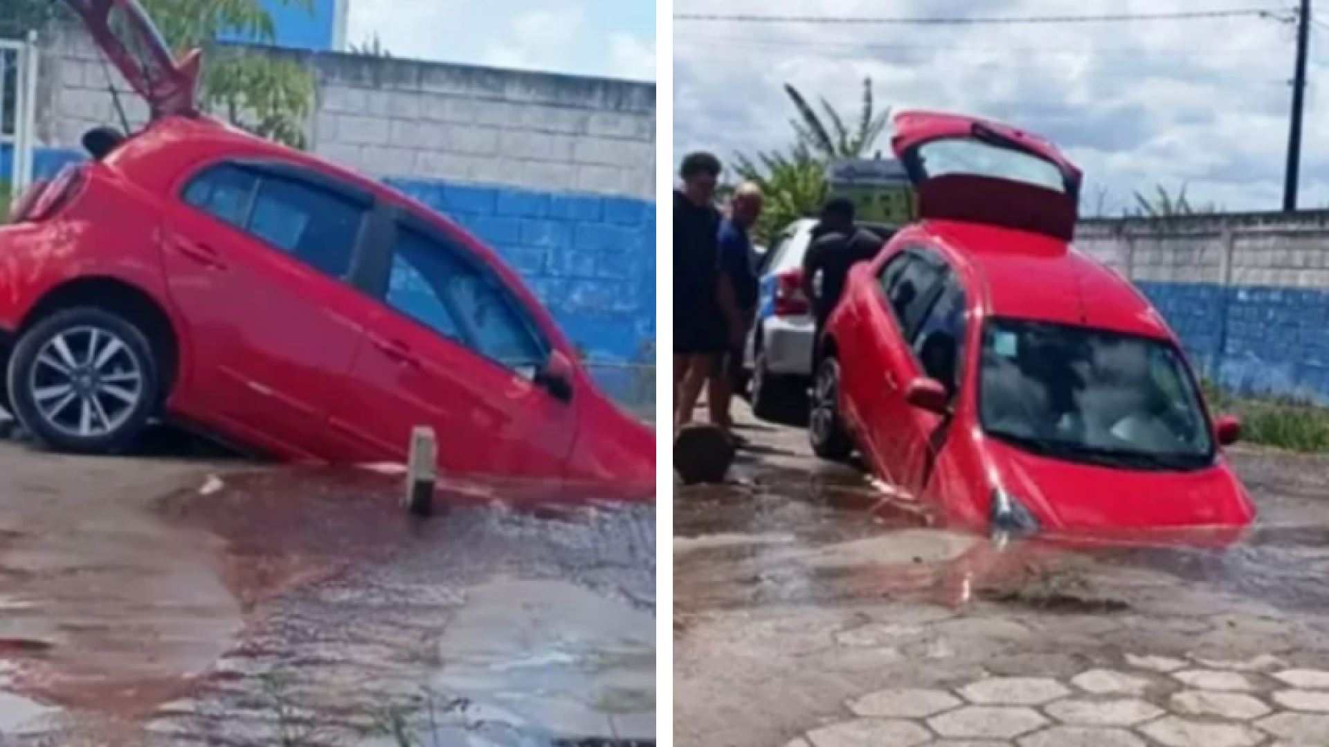 Carro cai em cratera causada por rompimento de tubulação em Itanhaém; escola suspende aulas