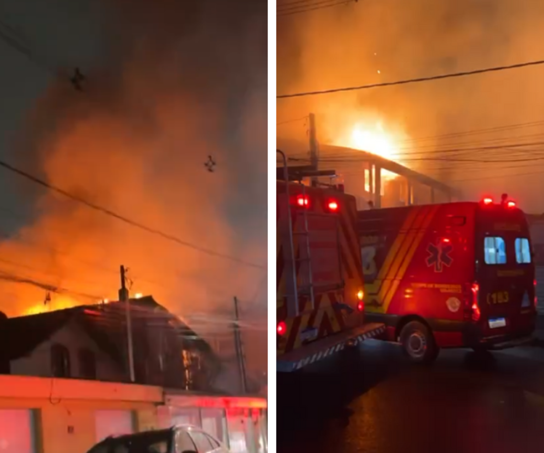 Incêndio de grandes proporções atinge sobrado no Guarujá