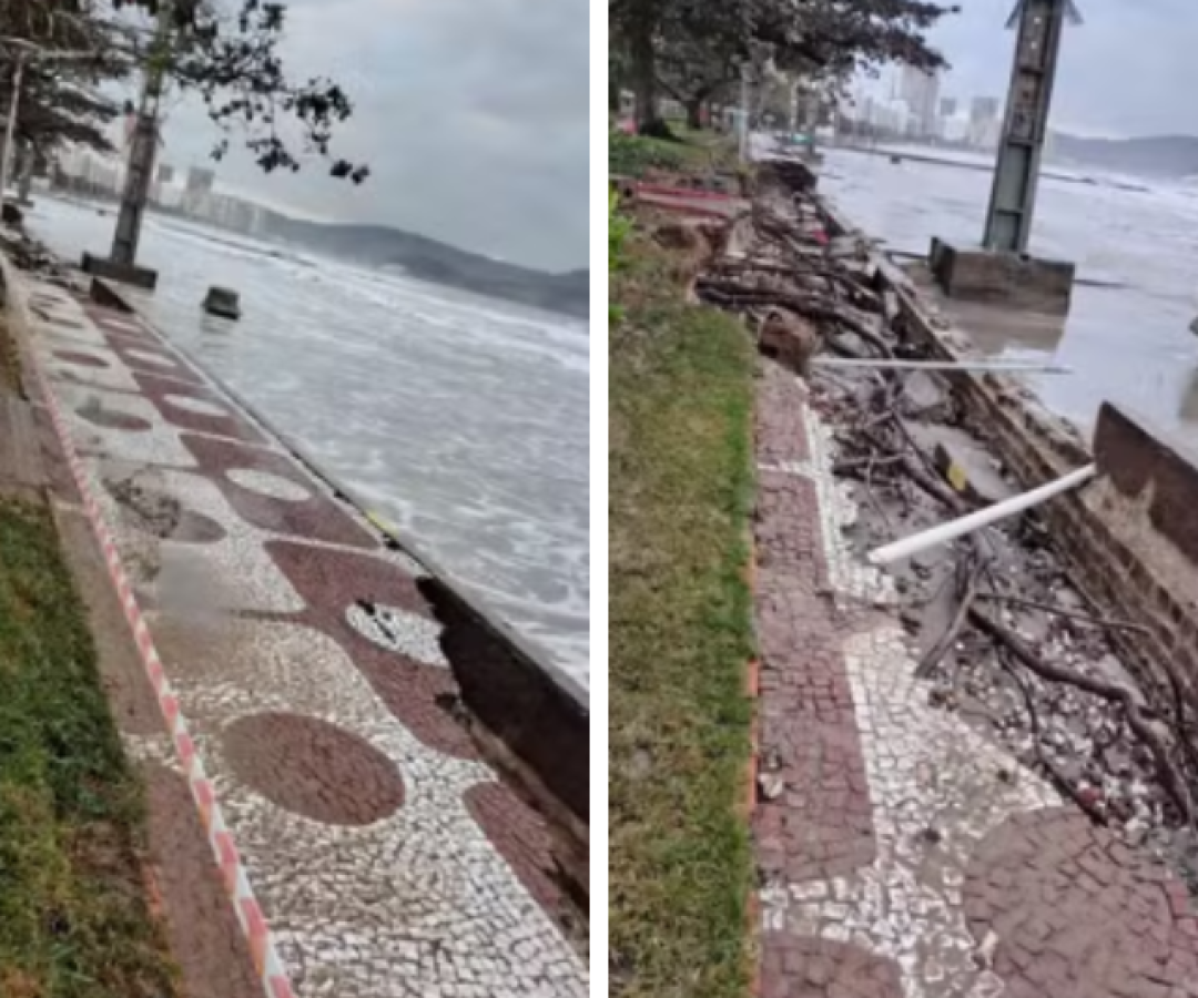 Santos inicia reconstrução do calçadão destruído por ressaca de julho; obra vai até 2026