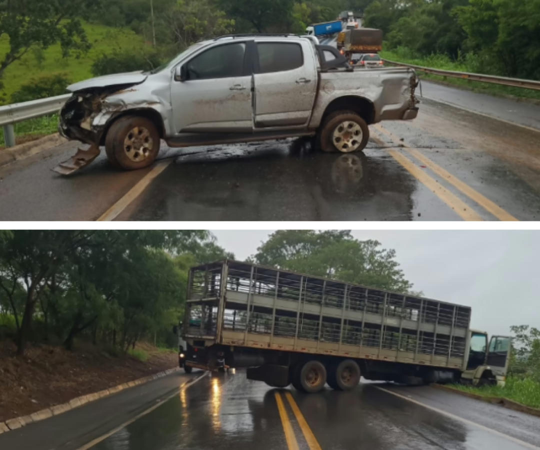 Três acidentes seguidos congestionam MGC-354 em Patos de Minas durante chuva