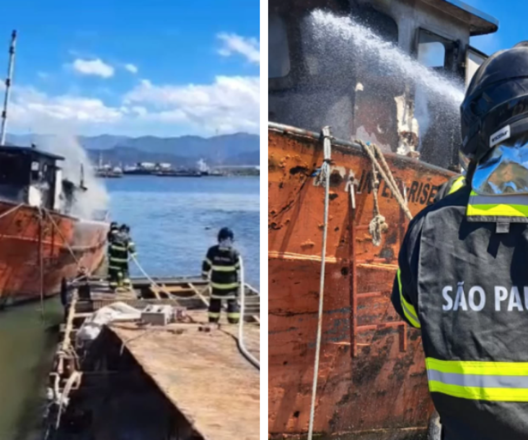 Incêndio atinge barco em reforma em marina de Vicente de Carvalho, em Guarujá
