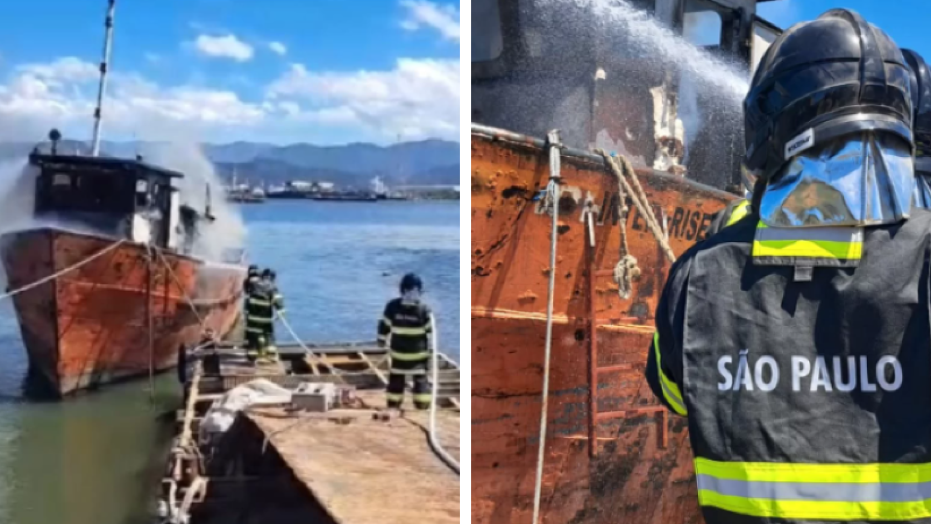 Incêndio atinge barco em reforma em marina de Vicente de Carvalho, em Guarujá