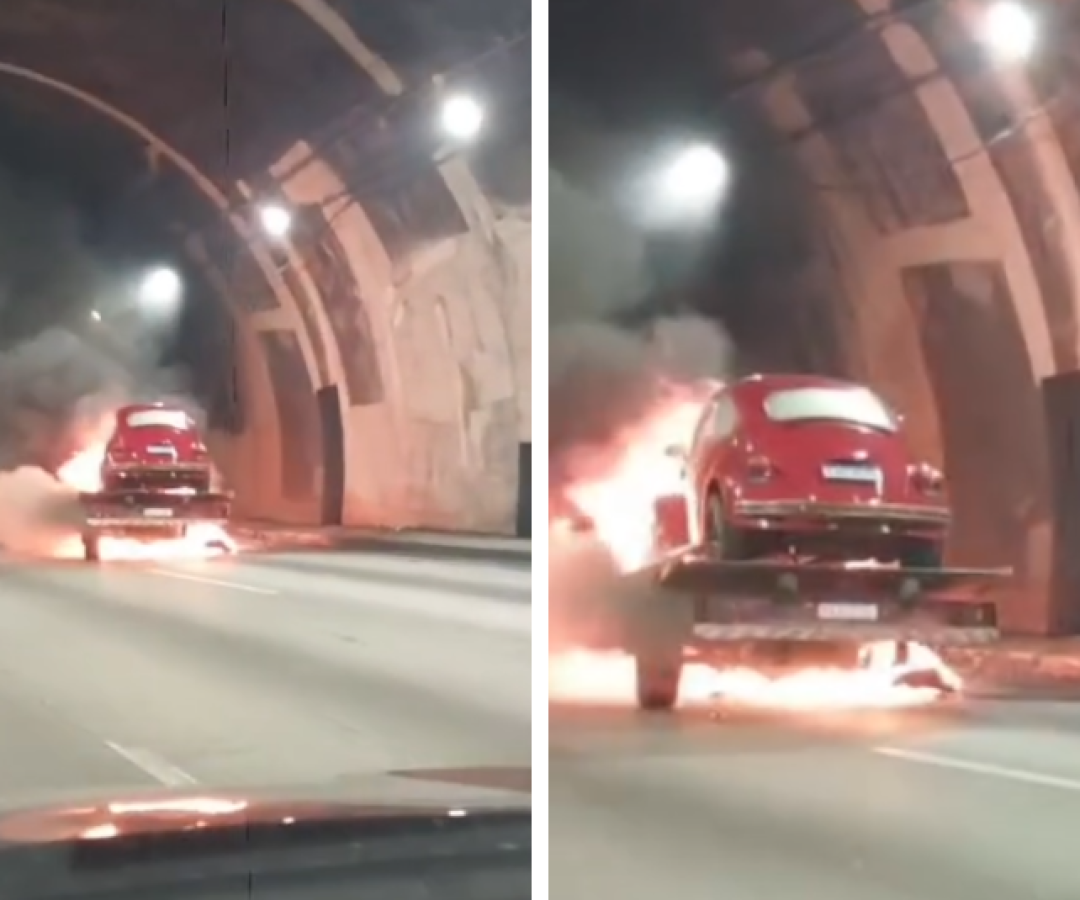 Incêndio em guincho com Fusca mobiliza equipes e interdita Rodovia dos Imigrantes