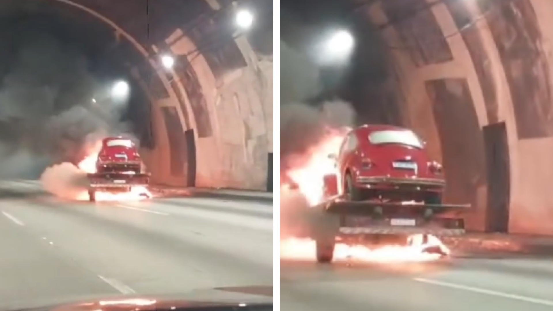 Incêndio em guincho com Fusca mobiliza equipes e interdita Rodovia dos Imigrantes