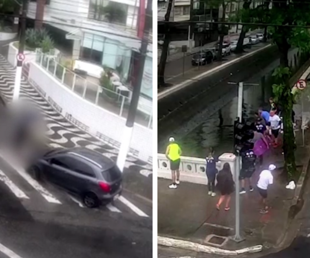 Motorista bêbado atropela pedestre e o arremessa em canal em Santos; Vídeo