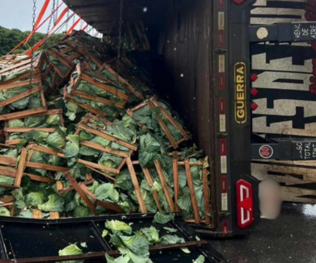 Carreta tomba na BR-146 em Patrocínio e espalha carga de repolhos pela pista