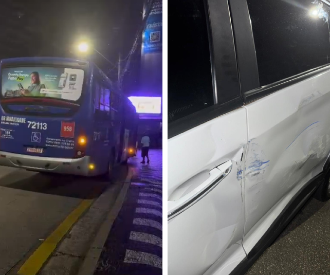Motorista relata prejuízo após colisão com ônibus na Praça da Independência, em Santos
