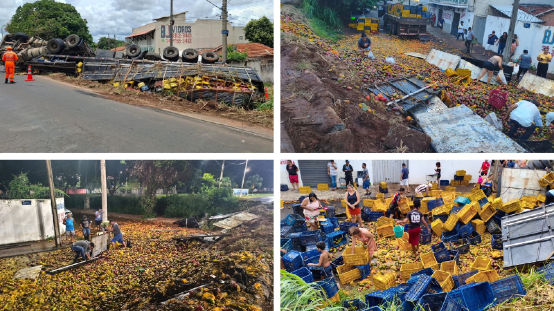Caminhão carregado com 24 toneladas de manga tomba em rodovia de Uberaba e motorista fica ferido