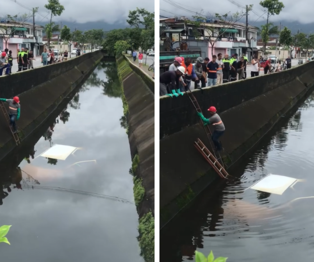 Carro cai em canal no Jardim Samambaia e motorista sai ileso em Praia Grande