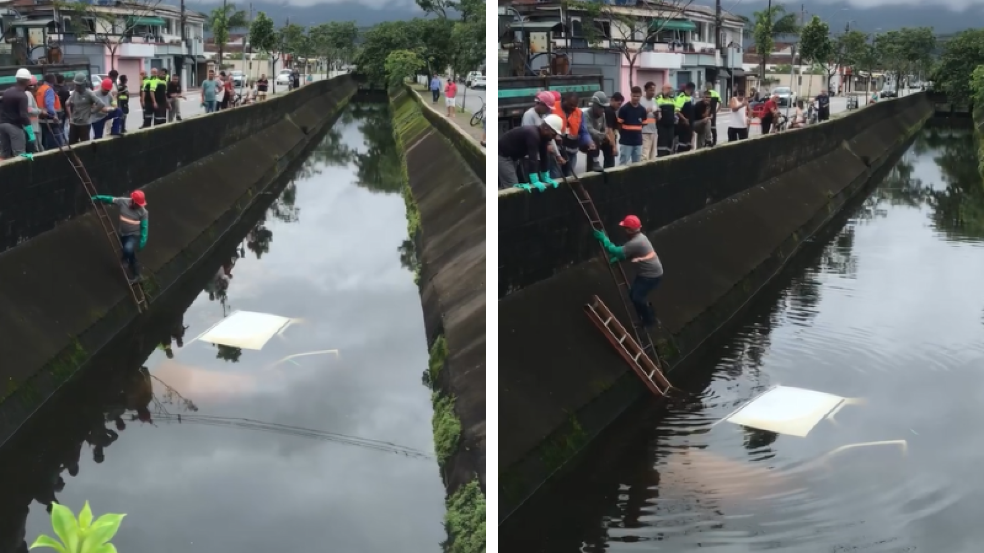Carro cai em canal no Jardim Samambaia e motorista sai ileso em Praia Grande