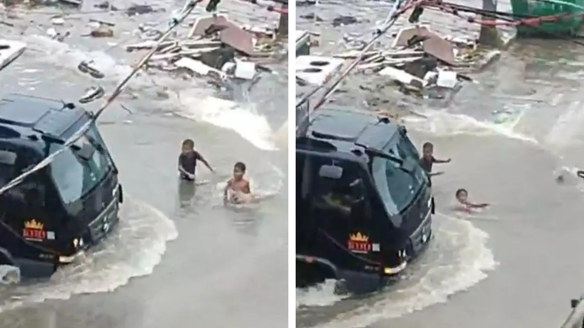 Crianças quase são atingidas por caminhão durante enchente em Guarujá