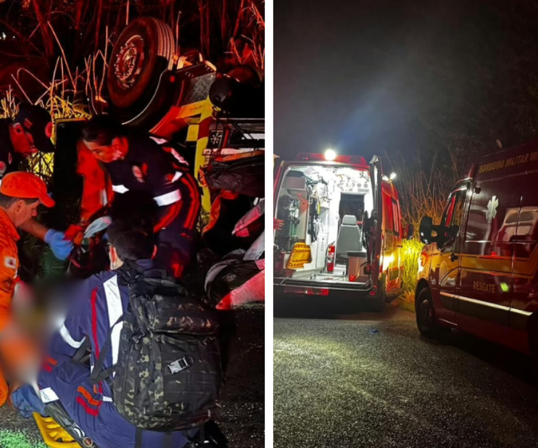 Caminhão carregado com adubo capota e deixa motorista ferido em Uberaba