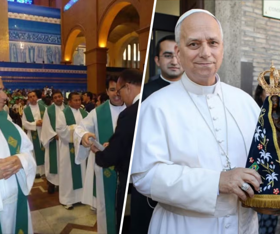 À esquerda: Leão XIV em Aparecida (2013) — então superior-geral (prior geral) da Ordem de Santo Agostinho. À direita: foto publicada hoje pelo Papa Leão XIV com a imagem de Nossa Senhora Aparecida, no Dia da Padroeira do Brasil.