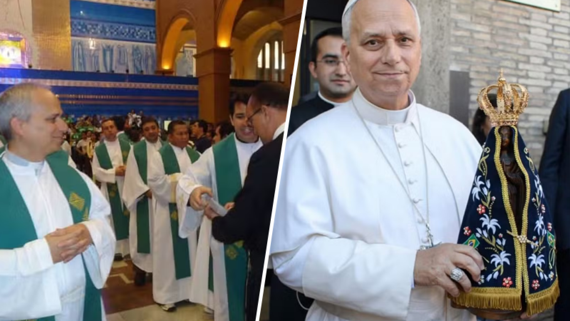 À esquerda: Leão XIV em Aparecida (2013) — então superior-geral (prior geral) da Ordem de Santo Agostinho. À direita: foto publicada hoje pelo Papa Leão XIV com a imagem de Nossa Senhora Aparecida, no Dia da Padroeira do Brasil.