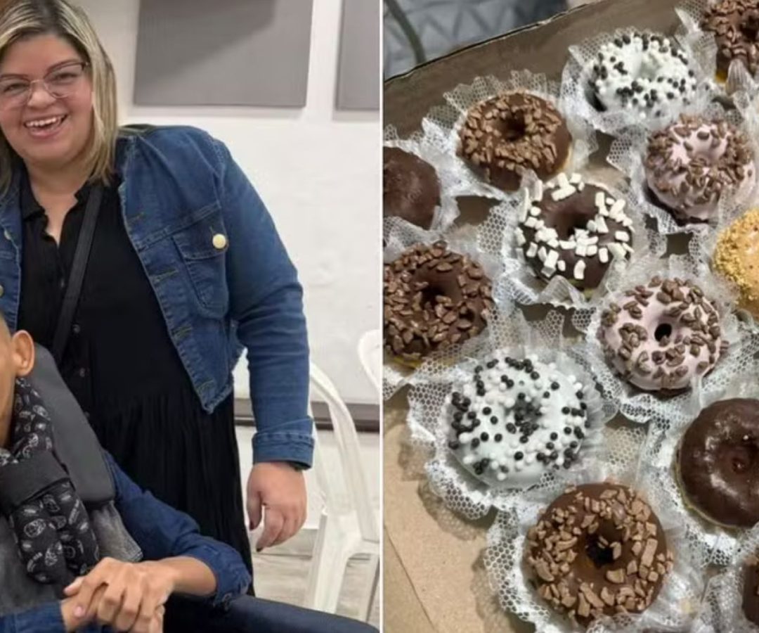 mãe vende donuts para filho