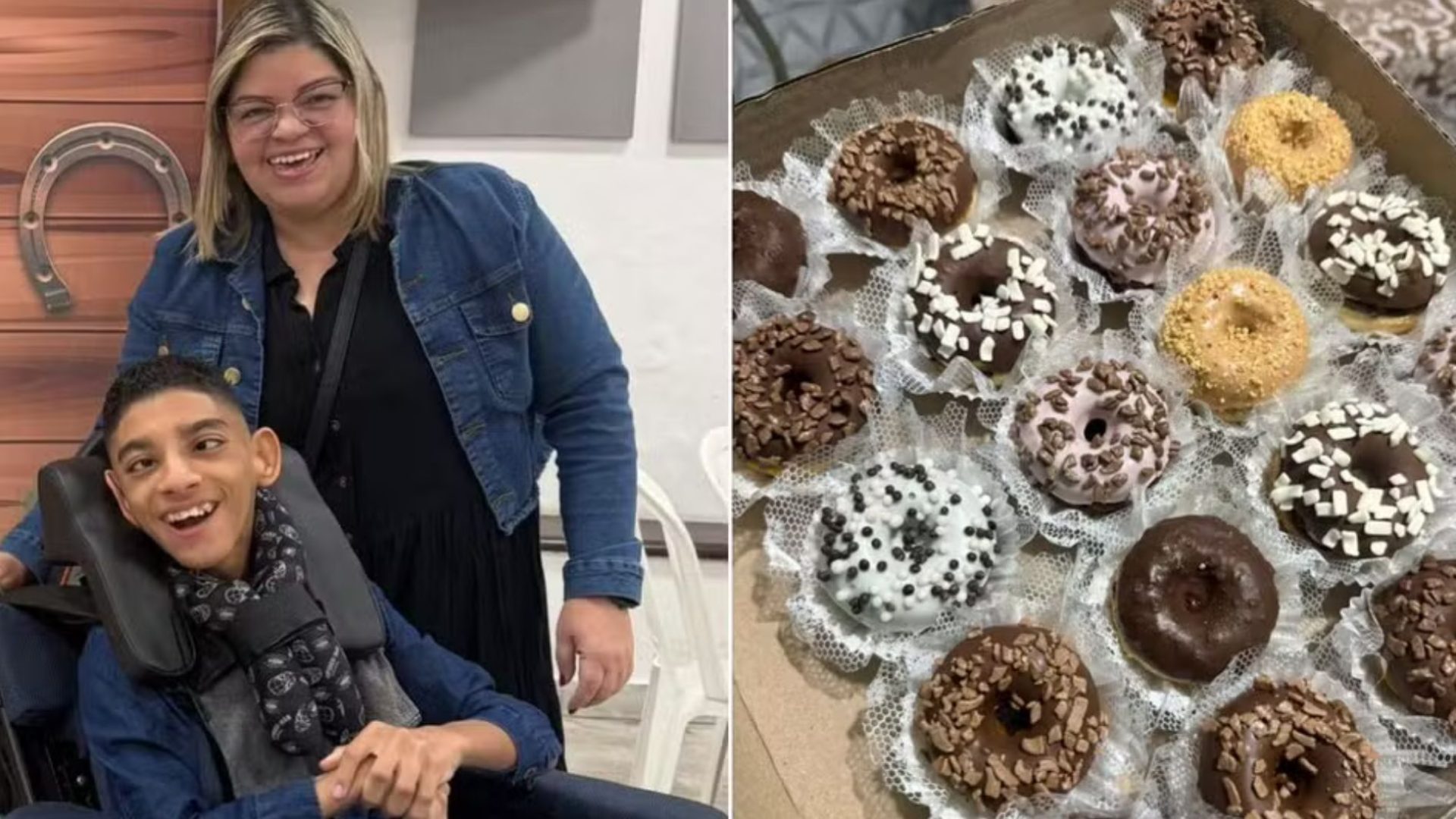 mãe vende donuts para filho