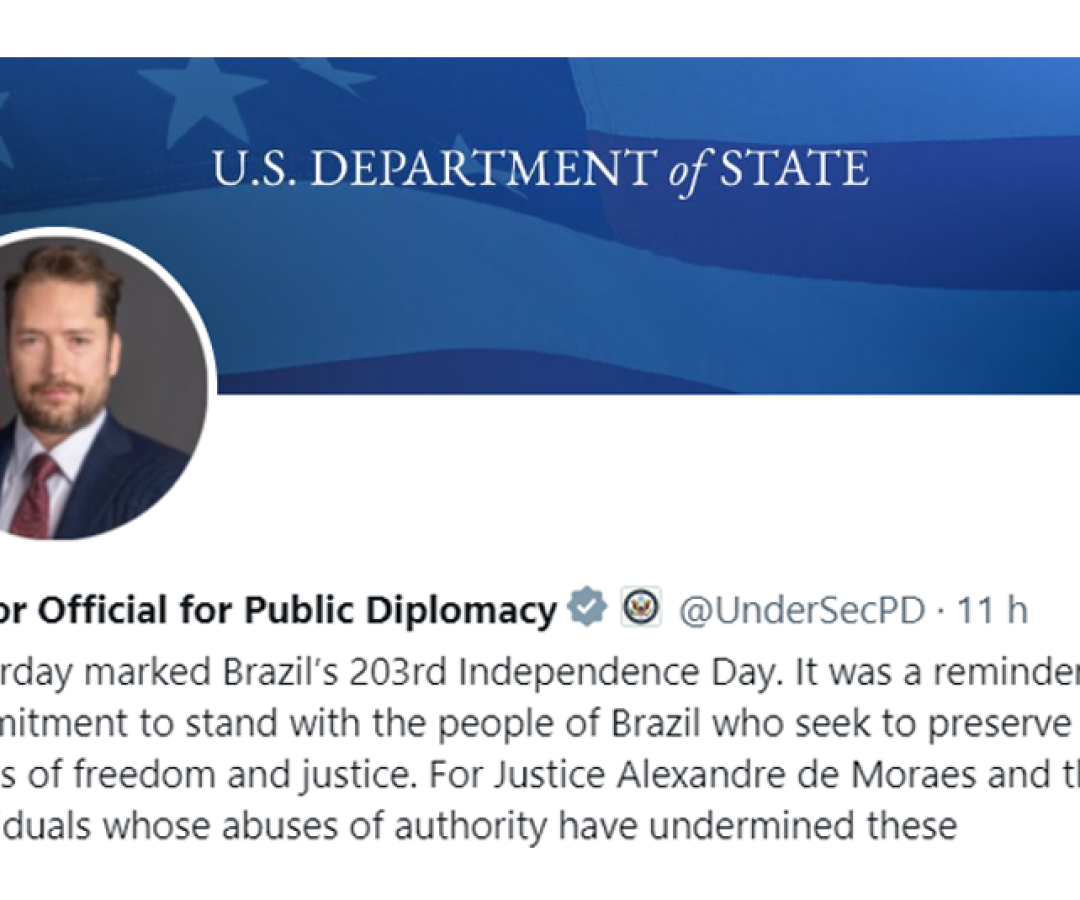 “Ontem marcou o 203º Dia da Independência do Brasil. Foi um lembrete do nosso compromisso de apoiar o povo brasileiro que busca preservar os valores de liberdade e justiça. Para o ministro Alexandre de Moraes e os indivíduos cujos abusos de autoridade têm minado essas liberdades, continuaremos a tomar as medidas cabíveis.”
