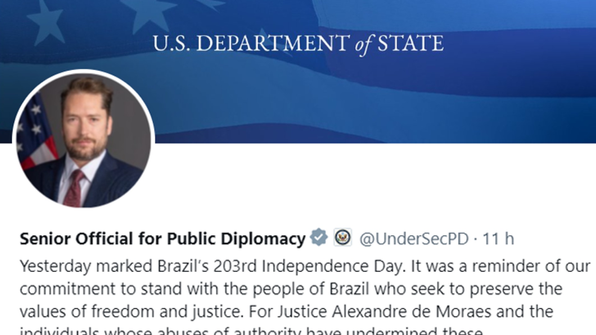 “Ontem marcou o 203º Dia da Independência do Brasil. Foi um lembrete do nosso compromisso de apoiar o povo brasileiro que busca preservar os valores de liberdade e justiça. Para o ministro Alexandre de Moraes e os indivíduos cujos abusos de autoridade têm minado essas liberdades, continuaremos a tomar as medidas cabíveis.”